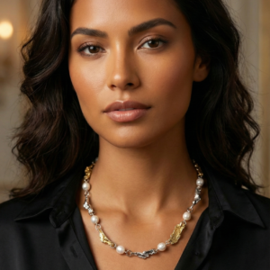 18K Gold Plated Two-Tone Molten Link & Pearl Necklace