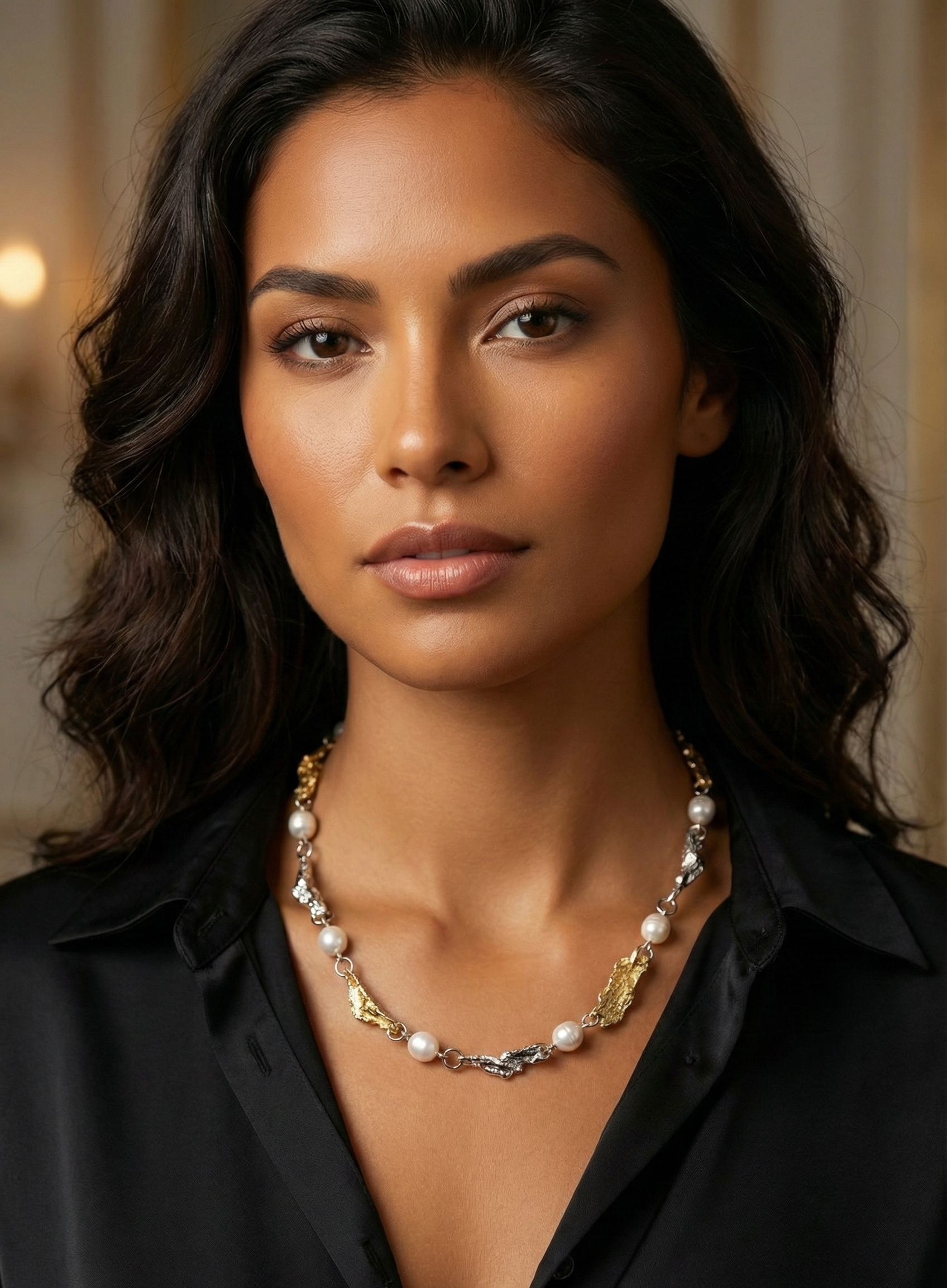 18K Gold Plated Two-Tone Molten Link & Pearl Necklace