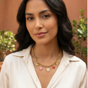 Model wearing waterproof 18k Gold Plated Charm Necklace