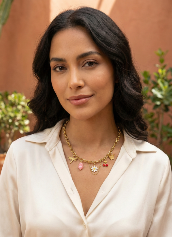 Model wearing waterproof 18k Gold Plated Charm Necklace