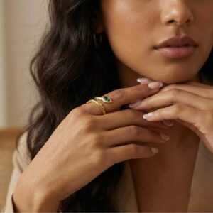 18k gold plated stainless steel snake wrap ring with green gemstone eye
