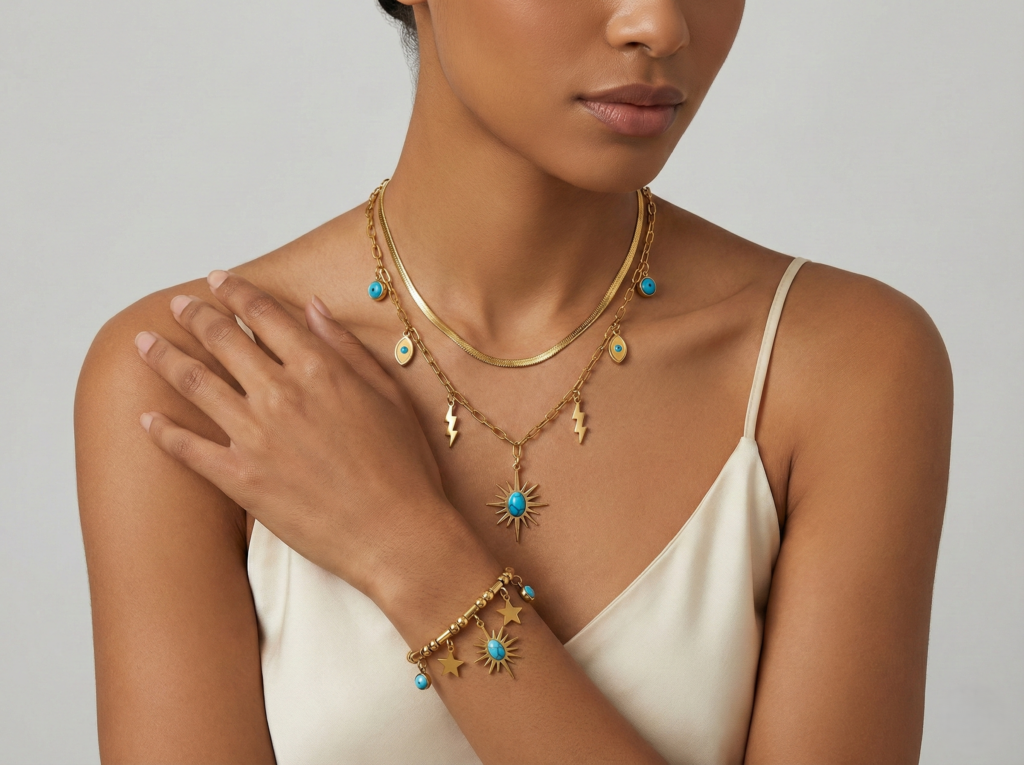 18K Gold Plated Layered Necklace & Bracelet Set - Turquoise Charms